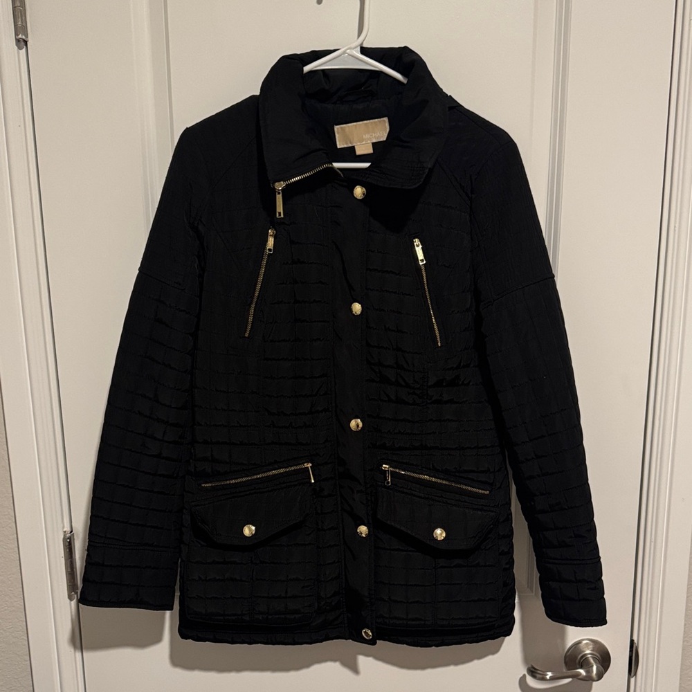 Michael Kors Black Quilted Utility Jacket with Gold Accents